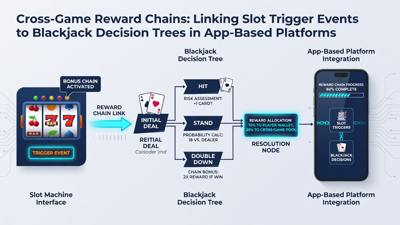 Mobile app screenshot displaying a slot bonus activation transferring rewards to an active blackjack table with decision tree overlays