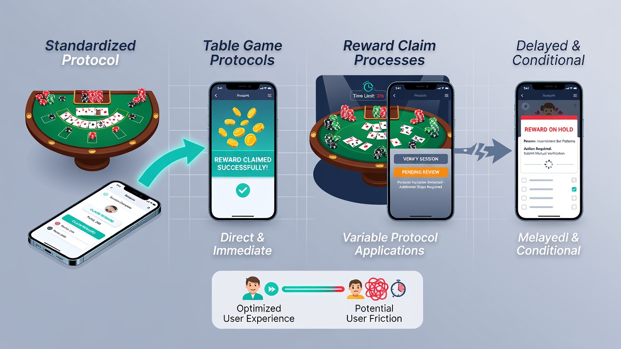 Flowchart illustrating reward claim process steps affected by different table game protocols in mobile apps